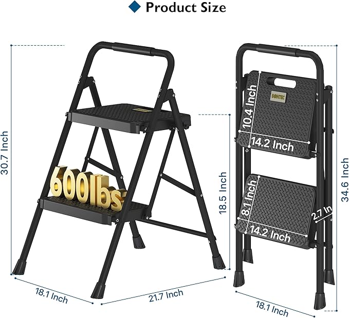 BONTEC 2-Step Ladder, Folding Step Stool, 600lbs Max Load Capacity, Sturdy Steel, Non-Slip Pedals, Lightweight, Portable Steel Ladder with Convenient Handrail, Safety Design for Home & Work, Black