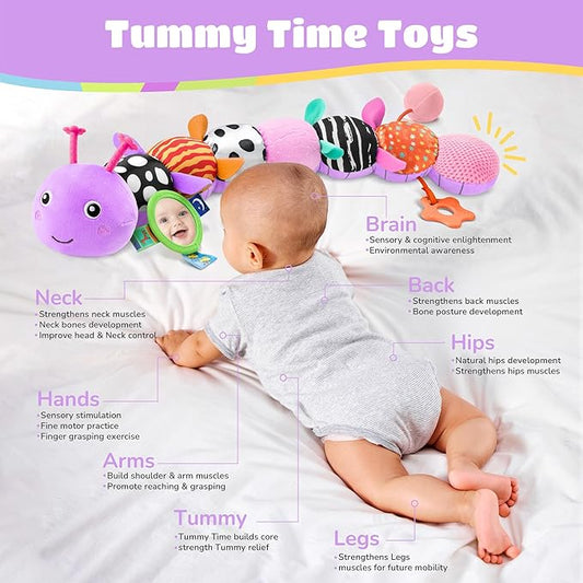 Baby Toys 6-12 Months Music Caterpillar Infant Toys Stuffed Animals 0-3-6 Months Teething Tummy Time Sensory Toys with Mirror Rattle&Pull String for Boys Girls Birthday Gifts|Lavender Purple