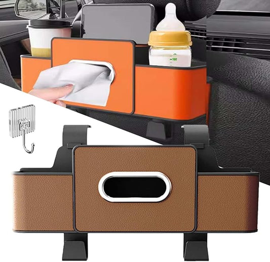 OJEYDFU 3-in-1 Car Backseat Organizer, 2026 Upgraded Multifunctional Car Seat Back Storage Box, Backseat Car Organizer with 2 Cup Holders, Tissue Box & Hooks, Universal Car Essentials (Brown)