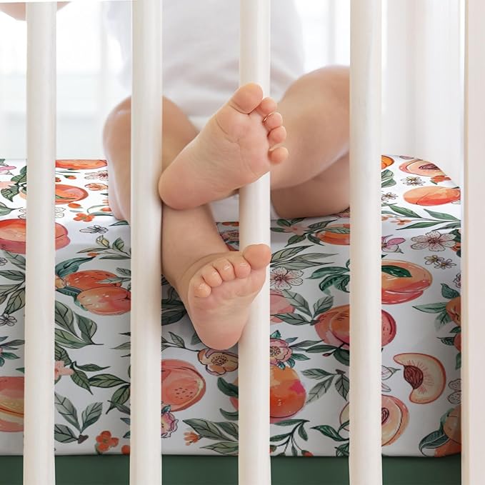 Peach Baby Crib Sheet 52''x28'' Vintage Peach Fruit Floral Leaves Stretchy Fitted Crib Mattress Covers for Boy Girl Summer Soft Baby Nursery Bed Sheets for Standard Crib and Toddler Mattresses