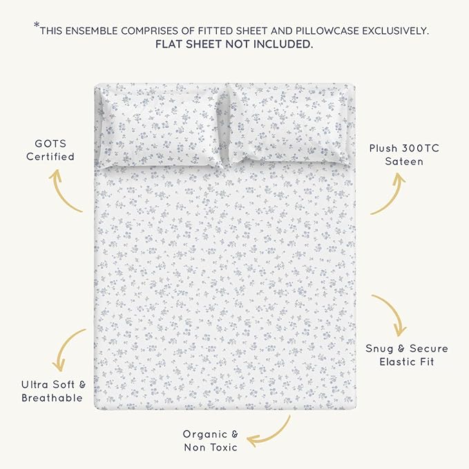 MakeMake Organics Organic Queen Fitted Sheet Set GOTS Certified Organic Cotton Fitted Sheet with Pillowcase Ultra Soft Non Toxic Breathable Hypoallergenic Colorful Neutral (Full, Mini Roses)
