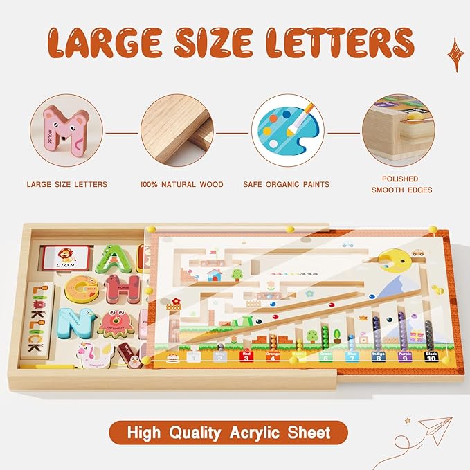 Wooden Montessori Toys with Storage Box for 3-5 Year Old, 4 in 1 Toddlers Educational Learning Toy- Magnetic Color and Number Maze, Animal Alphabet Puzzles, Drawing Board for Kids Boys Girls