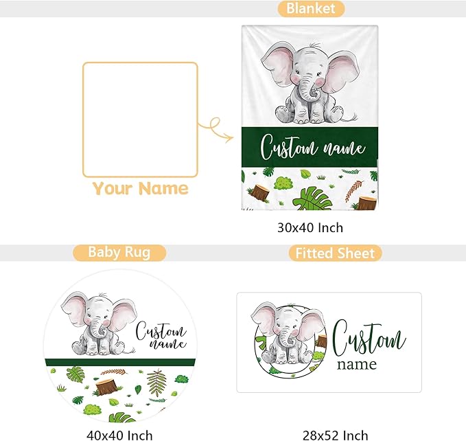 Personalized Baby Bedding Set, 3 Pcs Custom Name Crib Bedding Set for Nursery, Soft Double Layer Baby Crib Set for Boys Girls, Customized Gifts for New Parents Toddler Infant, Green Elephant