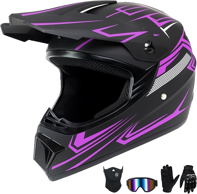 Youth Kids Motocross Helmet,Dirt Bike Off-Road Motorcycle Helmet with(Goggles,Gloves,Mask) 4-Pcs Set,Mountain Bike BMX MX ATV Girls Full Face Helmet,DOT Approved(Purple,S)