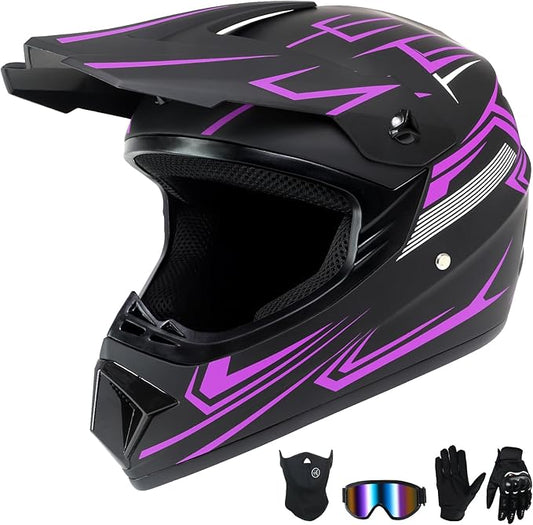 Youth Kids Motocross Helmet,Dirt Bike Off-Road Motorcycle Helmet with(Goggles,Gloves,Mask) 4-Pcs Set,Mountain Bike BMX MX ATV Girls Full Face Helmet,DOT Approved(Purple,S)