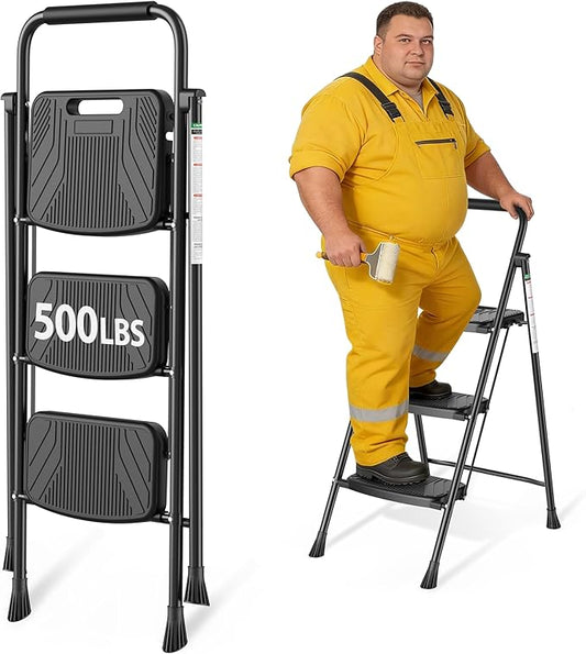 3 Step Ladder, Folding Step Stool with Wide Anti-Slip Pedal and Handrail, Safe-Lock Design, Lightweight, 500lbs Load, Sturdy Steel Ladder, Black
