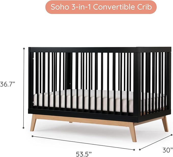 dadada Baby Soho 3-in-1 Convertible Wooden Crib to Toddler Bed - Made in Italy, GREENGUARD Gold Certified, Baby-Safe Finish, Handcrafted Beechwood, Modern Design, 3 Adjustable Heights (Black/Natural)