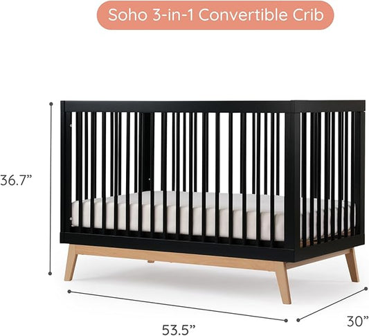 dadada Baby Soho 3-in-1 Convertible Wooden Crib to Toddler Bed - Made in Italy, GREENGUARD Gold Certified, Baby-Safe Finish, Handcrafted Beechwood, Modern Design, 3 Adjustable Heights (Black/Natural)