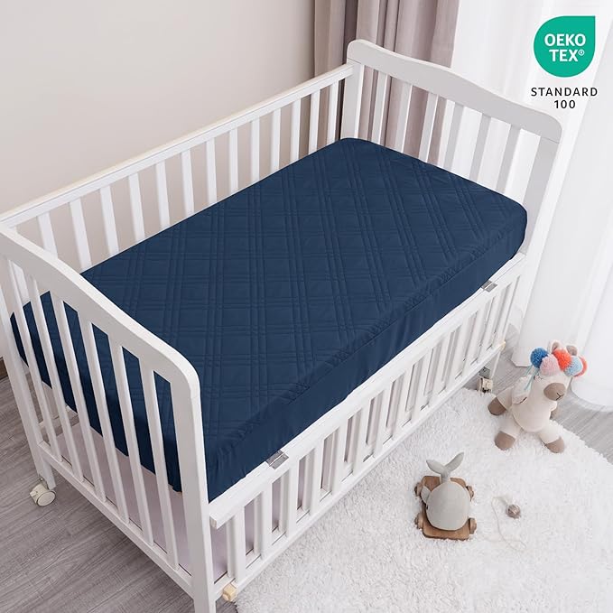 david's kids 2 Pack Waterproof Crib Mattress Protector, Fit Standard Crib and Toddler Mattresses, Ultra Soft and Breathable for Boys Girls Neutral, Grey & Navy Blue Checker