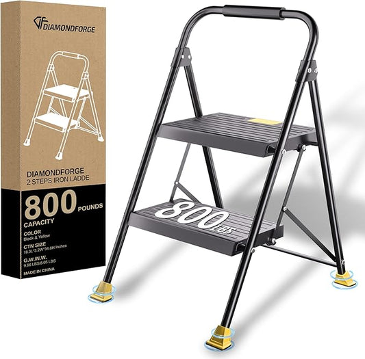 Foldable Stepstool Stair Ladders - 2-Stepping Extension Tall Heavy Duty with Handrails, 800Lbs for Home Adults Kitchen, Closet Indoor House Extendable Step Ladder Stool