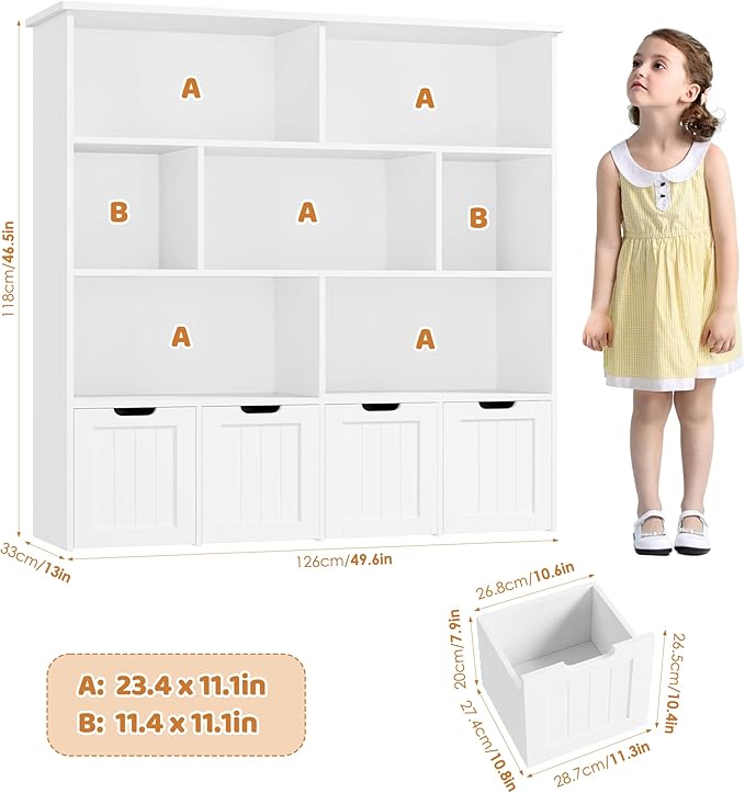FINETONES Toy Storage Organizer, Kids Bookshelf with 4 Movable Chests and 7 Storage Cubes, Toy Chest Storage with Hidden Wheels, Toy Organizers and Toy Storage, White