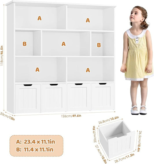 FINETONES Toy Storage Organizer, Kids Bookshelf with 4 Movable Chests and 7 Storage Cubes, Toy Chest Storage with Hidden Wheels, Toy Organizers and Toy Storage, White