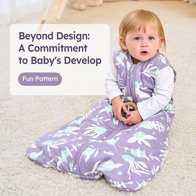 Baby Sleep Sack 6-12 Months TOG 2.5 Winter Baby Wearable Blanket, 100% Cotton Toddler Sleeping Sack with 2-Way Zipper Warm Soft Purple Leaf