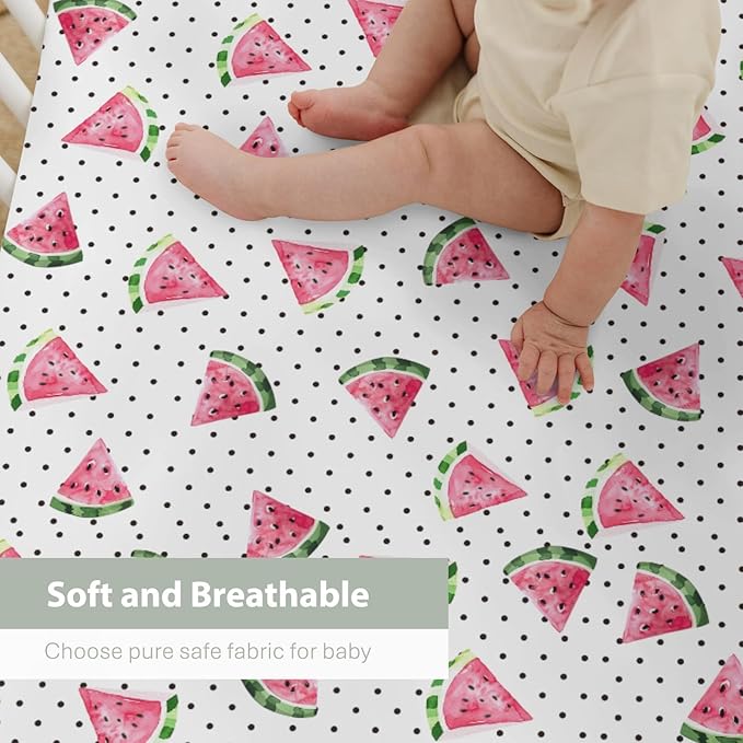 Watercolor Watermelon Dots Baby Crib Sheets for Boy Girl 52"x28" Tropical Summer Fruits Soft Stretchy Fitted Crib Mattress Covers Beach Vacation Baby Sheet for Standard Crib & Toddler Bed Mattress