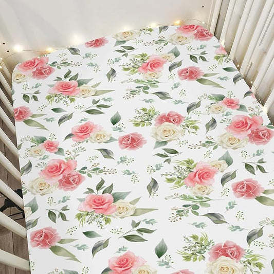 Bloom Rose Green Leaves Baby Crib Sheets for Boy Girl 52"x28" Boho Floral Soft Stretchy Fitted Crib Mattress Cover Spring Summer Flowers Nursery Baby Sheet for Standard Crib & Toddler Bed Mattress