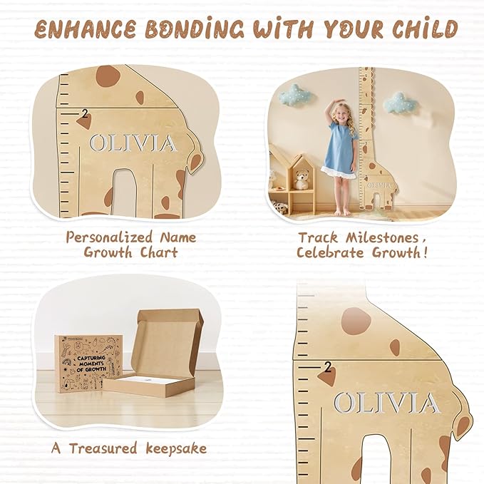 Woodemon Personalized Name Children's Height Measurement Chart for Wall – Giraffe Kids Growth Chart Ruler, Nursery & Playroom Wall Decor 62.8" x 20.1"