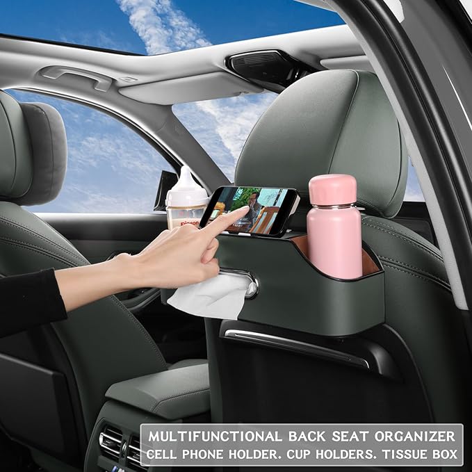 HALOYIVGO Car Seat Back Organizer - Stylish & Functional Storage for Family Adventures - Cup Holders, Tissue Box & Hooks - Perfect for Kids, Road Trips & Travel (Emeralds)