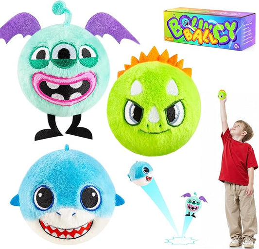 ZOOJOY 3 Pcs Plush Bouncy Balls for Toddlers and Kids, 3-Inch High Bounce Sensory Toys Featuring Dinosaur, Shark & Monster, Soft Game Balls Gift for Boys 6 Months+, Indoor & Outdoor Play
