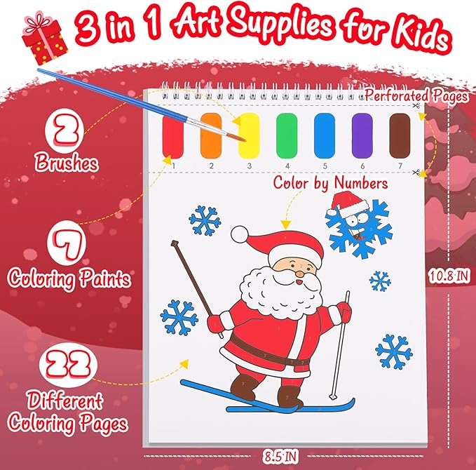 Paint with Water Coloring Books for Toddlers, Watercolor Painting Book and Drawing Art Paper for Kids Ages 3 4 5 6 7 8 Years Old, Christmas Art Craft for Drawing with Brush