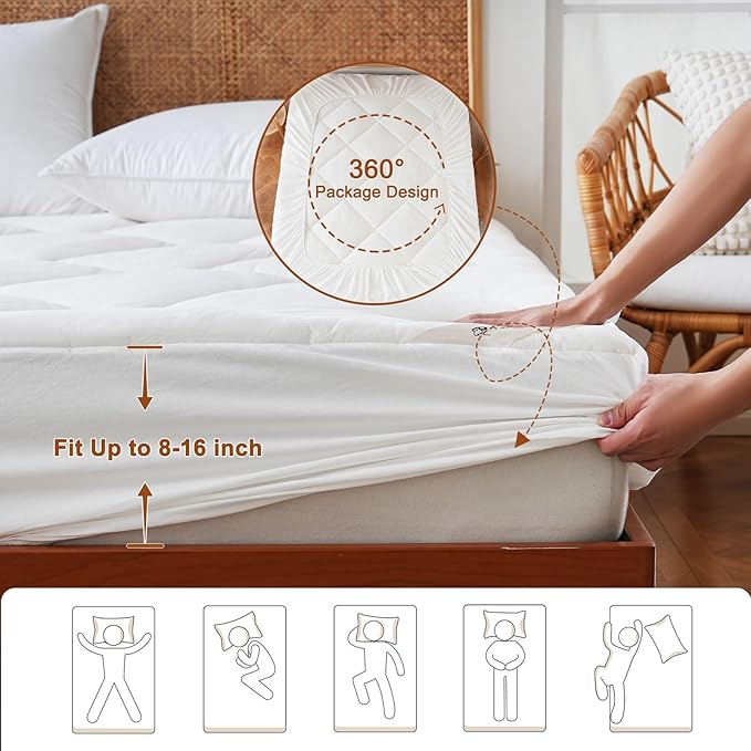YOUR MOON Natural Wool Mattress Pad Queen – 450GSM Organic Australian Wool Mattress Topper, Quilted Fitted Mattress Bed Cover with 16" Deep Pocket, Hypoallergenic Cotton Cover (White)