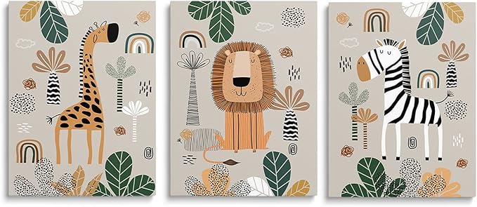 SKYSUKEY Boho Safari Nursery Wall Art Canvas Prints - Set of 3, Framed 12"x16"