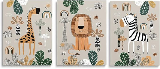 SKYSUKEY Boho Safari Nursery Wall Art Canvas Prints - Set of 3, Framed 12"x16"