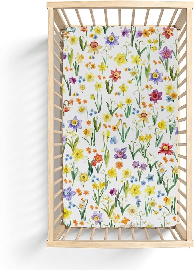 Watercolor Daffodils Flowers Baby Crib Sheets for Boy Girl 28"x52" Colorful Spring Bloom Soft Stretchy Fitted Crib Mattress Covers Garden Floral Summer Baby Sheet for Crib and Toddler Bed Mattresses