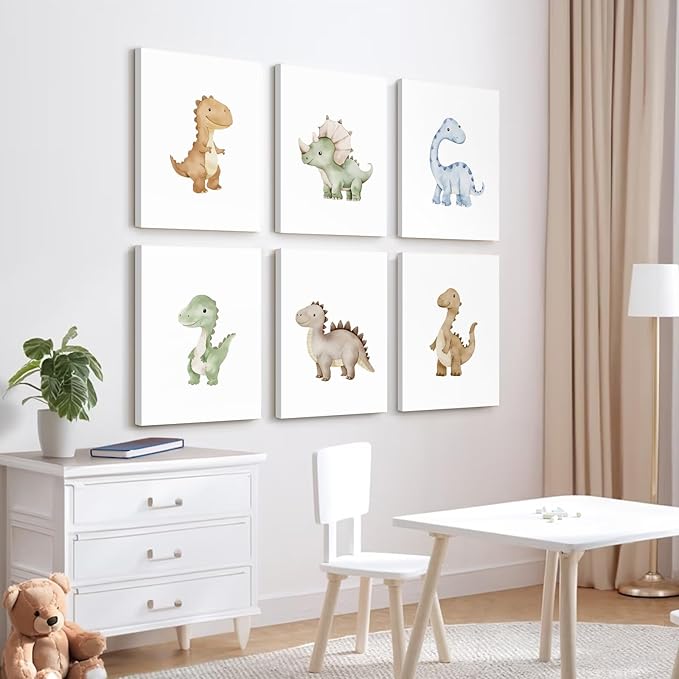 Dinosaur Nursery Wall Art Kids Canvas Poster Boys Room Wall Decor Watercolor Dino Wall Art Toddler Baby Pictures Dinosaur Prints Nursery Artwork for Boys Room Bedroom 8x10x6 Inch Ready to Hang