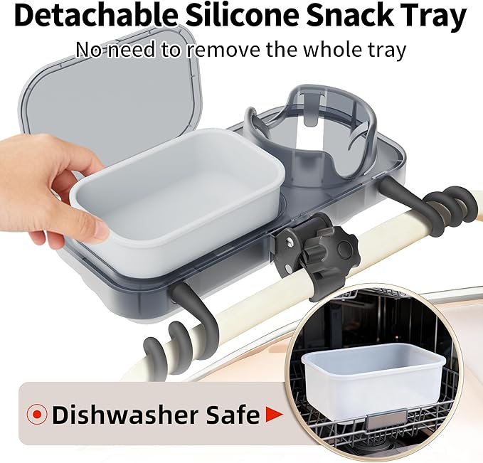 btrfe Universal Stroller Snack Tray, 3-in-1 Cup Holder Tray with Clamp & Silicone Arms Grip & Detachable Silicone Tray, Stroller Tray Attachment for Toddler & Kids, Snacking On The Go