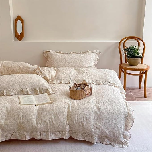 BuLuTu Flower Rabbit Print Duvet Cover Twin, Soft Breathable Muslin Cotton Quilt Cover 68"x86", Girls Boys Comforter Cover with Chic Ruffles, Zipper Closure, Corner Ties, All Seasons