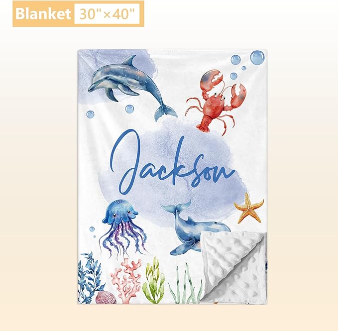 Personalized Baby Bedding Set, 3 Pcs Custom Name Crib Bedding Set for Nursery, Cute Baby Crib Set with Double Layer Blanket for Boys Girls, Customized Gifts for Toddlers Infants, Sea Animals