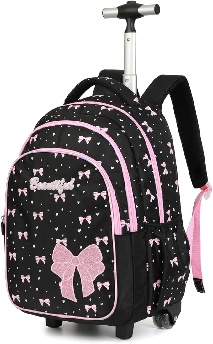kingdisen Women Large Rolling travel Backpack for kids, Wheeled Backpack with Adjustable Shoulder Straps, Nylon Book Bag 3pc Set (BOWKNOT BLACK)