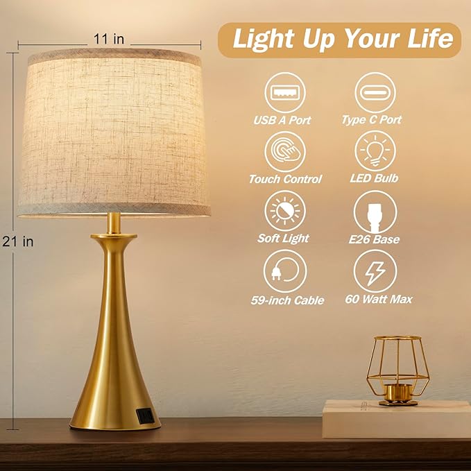 Hikczc Touch Lamp for Living Room Bedroom, 21" Table Lamps Set of 2 with USB C+A Ports, Touch Bedside Lamps for Nightstand with 3 Way Dimmable, 2 LED Bulbs Included, Gold