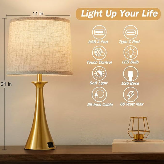 Hikczc Touch Lamp for Living Room Bedroom, 21" Table Lamps Set of 2 with USB C+A Ports, Touch Bedside Lamps for Nightstand with 3 Way Dimmable, 2 LED Bulbs Included, Gold