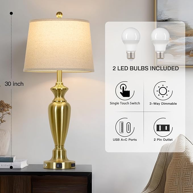 Cinyirong 30" Tall Gold Table Lamp for Living Room, 3-Way Dimmable Touch Control Bedside Lamp for Bedroom Nightstand with USB A+C Ports & AC Outlet (1 Pack)