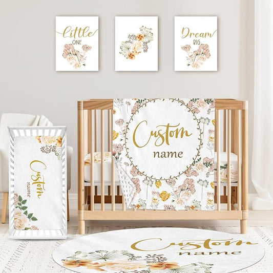 Custom Baby Crib Bedding Set,Personalized Name Pink Flowers Theme Nursery Bed Set 4 Piece,Baby Blanket Fitted Sheet Nursery Rug Wall Art Set,Custom Room Decor Idea Gift for Newborns Boys Girls