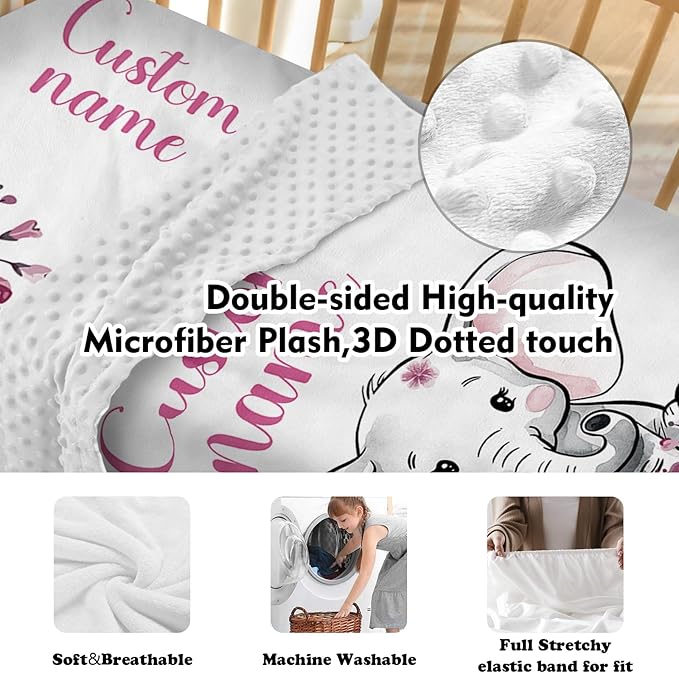 Custom Baby Crib Bedding Set, Personalized Name Floral Elephant Theme Crib Set 3 Pcs, Soft Double Layer Blanket, Crib Sheet & Room Rug, Ideal Nursery Decor Gift for Baby Girls Boys