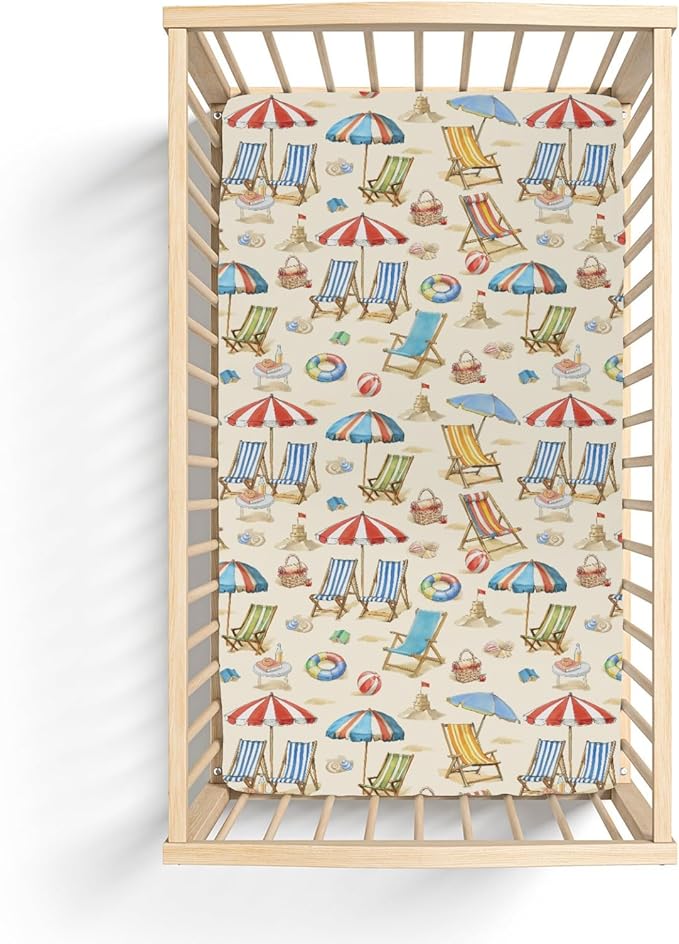 Fun Beach Days Baby Crib Sheets for Boy Girl 52"x28" Umbrella Beach Balls Summer Soft Stretchy Fitted Crib Mattress Cover Seaside Coastal Nursery Baby Sheet for Standard Crib & Toddler Mattress