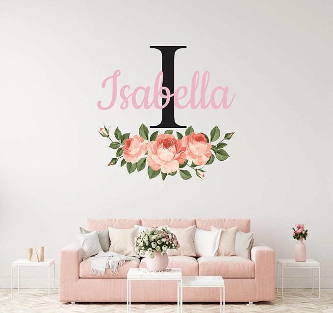CuteDecals Flowers Custom Name & Initial Wall Decal - Personalized Peonies Art Decor Mural Girls Stickers For Nursery Bedroom Decoration (Mini Wide 15''x13'' Height)