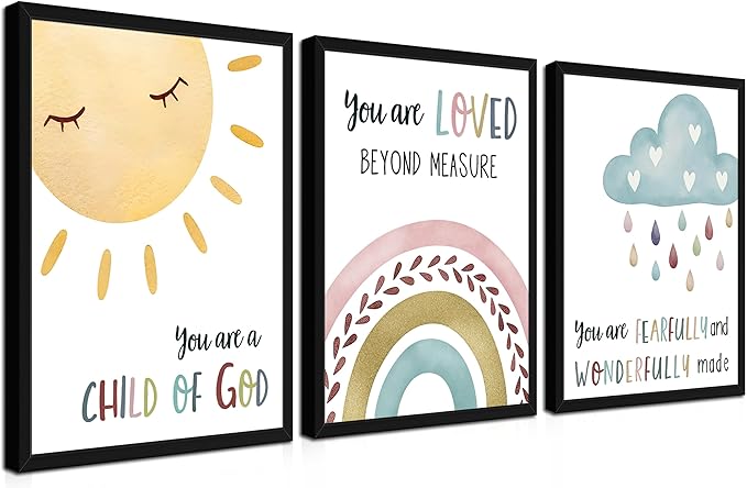 Kids Bible Verse Wall Art, Christian Scripture Wall Decor Paintings Set of 3, Nursery Rainbow Inspirational Posters Prints Pictures for Classroom Kids Room Baby Room Bedroom 12x16 Inch Wood Framed