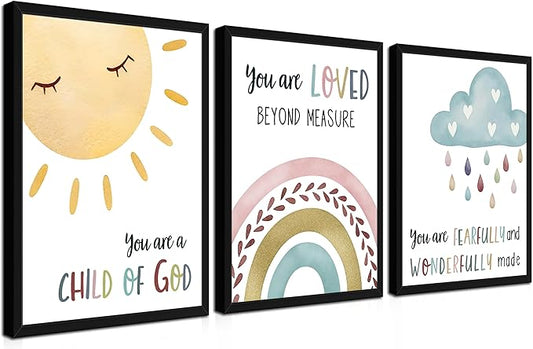 Kids Bible Verse Wall Art, Christian Scripture Wall Decor Paintings Set of 3, Nursery Rainbow Inspirational Posters Prints Pictures for Classroom Kids Room Baby Room Bedroom 12x16 Inch Wood Framed