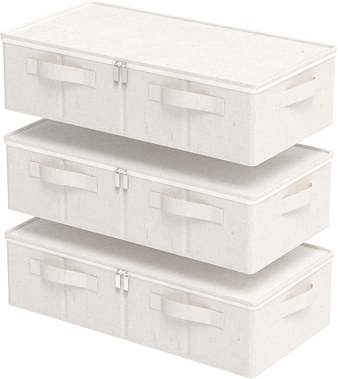 ENUMAIL Underbed Storage Box Organizer, Foldable Under Bed Clothes Bags Container, Flat Bins with Lid for Organizing Clothes, Sheets, Blankets, Comforter, 23.6x11.8x5.9in, Beige, 3 Pack