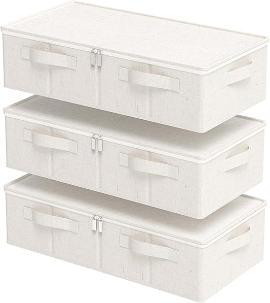 ENUMAIL Underbed Storage Box Organizer, Foldable Under Bed Clothes Bags Container, Flat Bins with Lid for Organizing Clothes, Sheets, Blankets, Comforter, 23.6x11.8x5.9in, Beige, 3 Pack