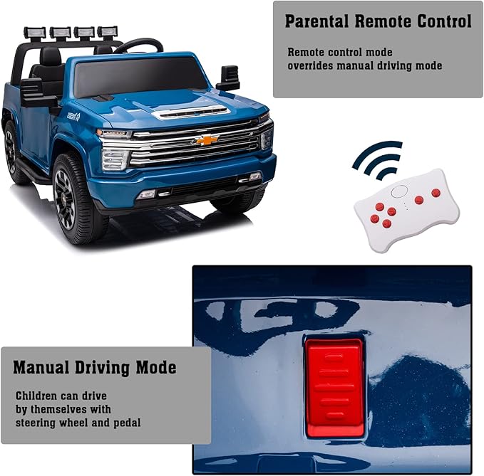 2 Seater 24V Chevrolet Silverado HD Pickup,4WD Electric Vehicle with Parent Remote, Wear-Resistant Tires Ride On Car Electric Power Vehicles Wheels Ride on Toys for Boys,(Blue)