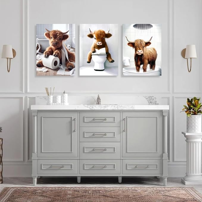 Hianan Funny Highland Cow Canvas Wall Art, Cute Brown Cow Bathroom Decor, Framed Animal Bathing Poster Prints, Retro Rustic Farmhouse Wrapped Canvas Artwork for Restroom 12"x16"x3