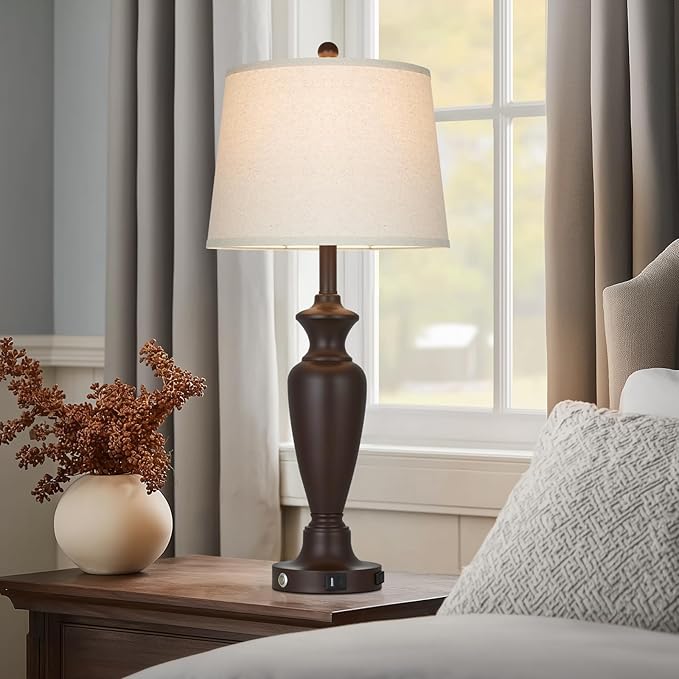 luxeflow 30" Tall Brown Table Lamps Set of 2 for Living Room, Touch Control Bedside Lamps for Bedroom Nightstand, 3-Way Dimmable Farmhouse Lamps with Charging Ports (2 LED Bulbs Included)