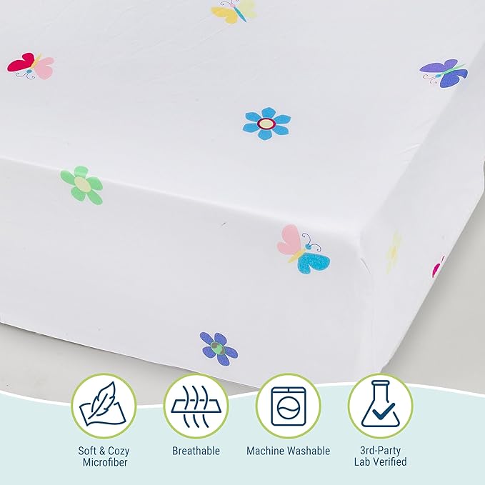 Wildkin Kids 100% Microfiber Crib Sheet – Soft, Breathable Fitted Sheet - Butterfly Garden