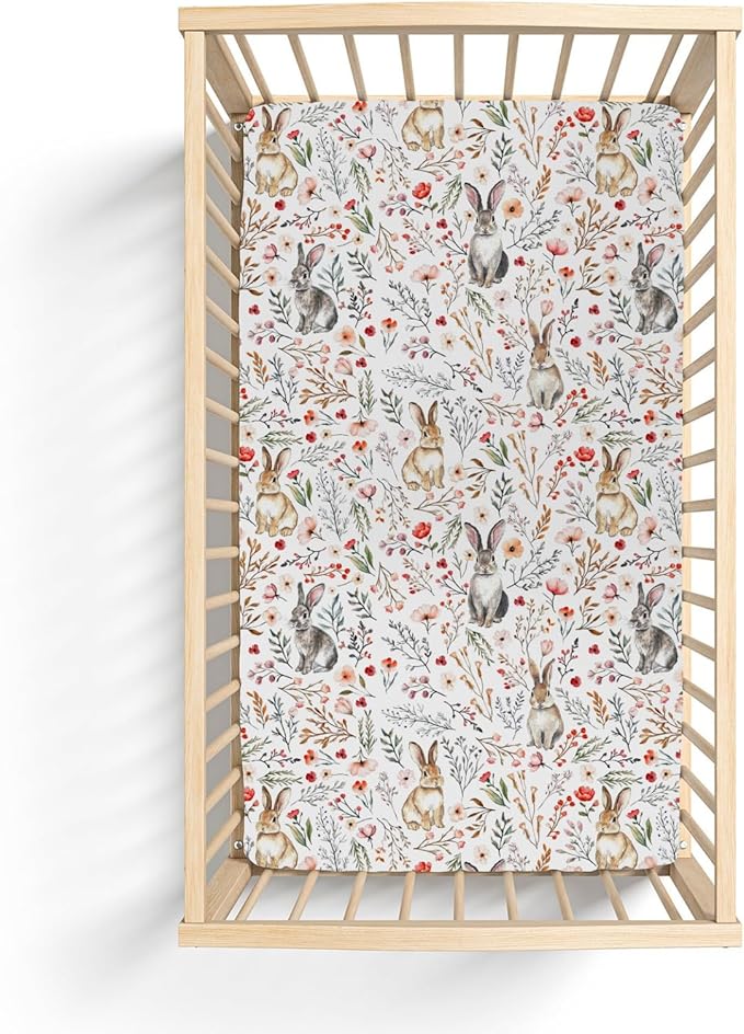 Vintage Rabbit Boho Floral Baby Crib Sheets for Boy Girl 52"x28" Retro Bunny Wild Flowers Soft Stretchy Fitted Crib Mattress Cover Spring Garden Animal Baby Sheet for Standard Crib & Toddler Mattress