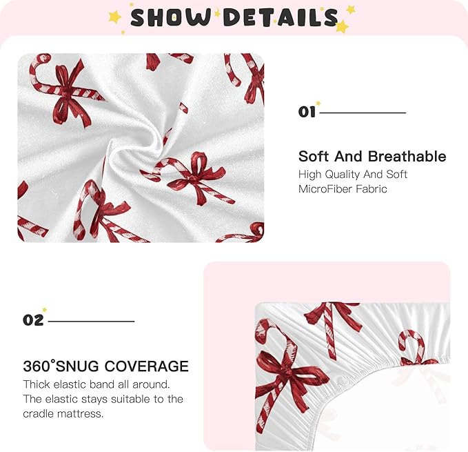 Christmas Bows Candy Cane Crib Sheets Soft Breathable Fitted Baby Crib Sheets Mattress Cover for Girls Boys, 52" x 28" x 9"