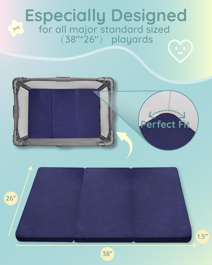 Lilian&Gema Pack and Play Mattress 38"x26"x1.5", Pack N Play Mattresses Pad for Play Pen and Playard, Premium Foam Playpen Mattress Topper with Washable Cover & Traveling Bag for Baby Toddler